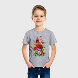 Футболка хлопковая детская Птица красный кардинал среди цветов, цвет: меланж — фото 2