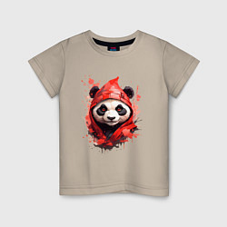Футболка хлопковая детская Модная панда в красном капюшоне, цвет: миндальный
