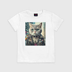 Футболка хлопковая детская Прикольный котик фанат тяжёлого рока - нейросеть, цвет: белый