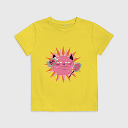 Футболка хлопковая детская Розовый летний кот, цвет: желтый