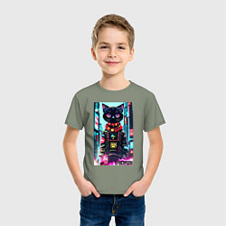 Футболка хлопковая детская Котёнок в мегаполисе - киберпанк, цвет: авокадо — фото 2