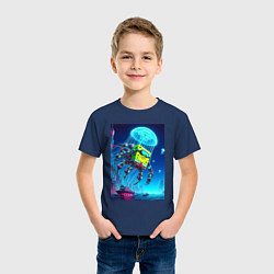 Футболка хлопковая детская Краб Губка Боб в мегаполисе - киберпанк, цвет: тёмно-синий — фото 2