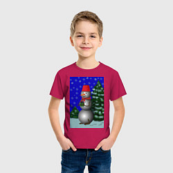 Футболка хлопковая детская Снеговичок с подарком под елкой, цвет: маджента — фото 2