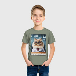 Футболка хлопковая детская Кот аналитик - нейроарт, цвет: авокадо — фото 2