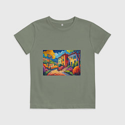 Футболка хлопковая детская Живопись яркие домики фовизм, цвет: авокадо