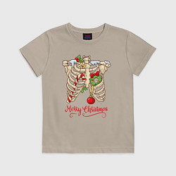 Футболка хлопковая детская Merry Christmas - skeleton, цвет: миндальный