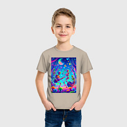 Футболка хлопковая детская Рок-группа скелетов даёт концерт в неоновом лесу, цвет: миндальный — фото 2