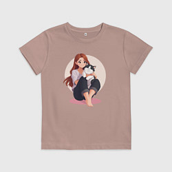 Футболка хлопковая детская Сидящая девушка с кошкой на ногах, цвет: пыльно-розовый