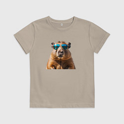 Футболка хлопковая детская Капибара в модных очках, цвет: миндальный