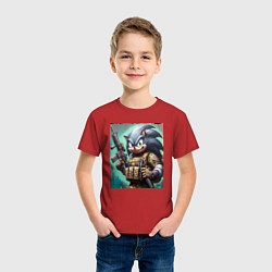 Футболка хлопковая детская Ёжик Соник солдат спецназа - нейроарт, цвет: красный — фото 2