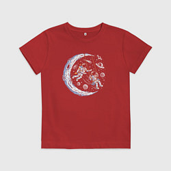 Футболка хлопковая детская Космонавты на качелях, цвет: красный