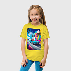 Футболка хлопковая детская Кабриолет едет по тропическому острову, цвет: желтый — фото 2