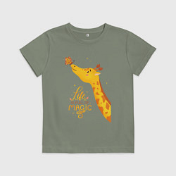 Футболка хлопковая детская Пятнистые друзья - жираф и бабочка, цвет: авокадо