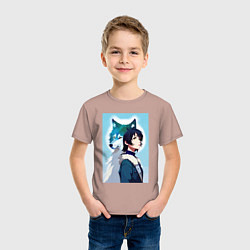 Футболка хлопковая детская Мечтательная девчонка и волк - нейроарт, цвет: пыльно-розовый — фото 2