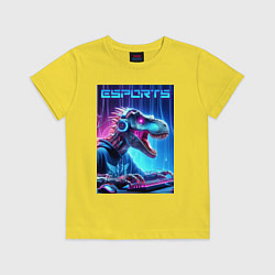 Футболка хлопковая детская Tyrannosaurus is esports player - neon glow, цвет: желтый