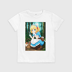 Футболка хлопковая детская Девочка собирает грибы в корзинку, цвет: белый