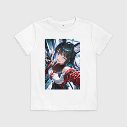 Футболка хлопковая детская Озорная кошка-самурай, цвет: белый