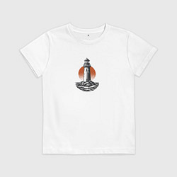 Футболка хлопковая детская Маяк на фоне заходящего солнца, цвет: белый