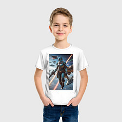 Футболка хлопковая детская Девушка-мандалорец в космосе, цвет: белый — фото 2