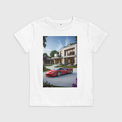 Футболка хлопковая детская Красный суперкар у дома, цвет: белый