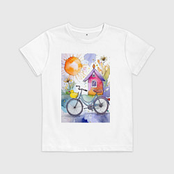 Футболка хлопковая детская Утенок на велосипеде - акварель, цвет: белый