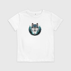 Детская футболка Голова волка над лесом и силуэт оленя