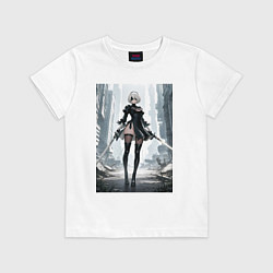 Детская футболка Девушка-андроид с катанами посреди руин