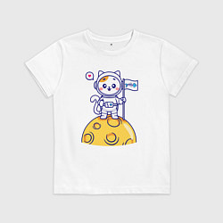 Футболка хлопковая детская Котик космонавт на луне, цвет: белый