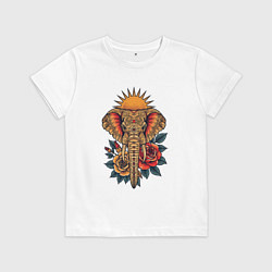 Футболка хлопковая детская Слон на фоне солнца с розами в стиле тату, цвет: белый