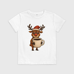 Футболка хлопковая детская Уставший олень с кофе, цвет: белый