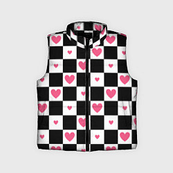 Детский жилет Розовые сердечки на фоне шахматной черно-белой дос