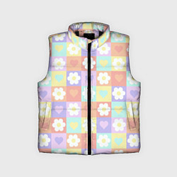 Детский жилет Сердечки и цветочки в пастельных квадратах