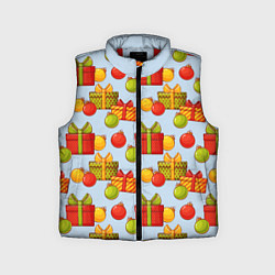 Детский жилет Новогодний паттерн с подарками и ёлочными шариками, цвет: 3D-красный
