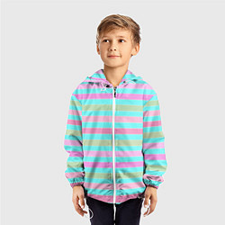 Ветровка с капюшоном детская Pink turquoise stripes horizontal Полосатый узор, цвет: 3D-белый — фото 2