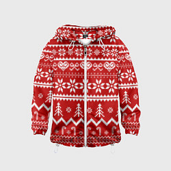 Ветровка с капюшоном детская Новогодний узор на красном фоне, цвет: 3D-белый