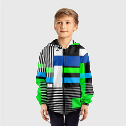 Ветровка с капюшоном детская Геометрический узор сине -зеленый в стиле пэчворк, цвет: 3D-черный — фото 2