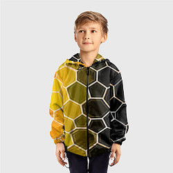 Ветровка с капюшоном детская Белые шестиугольники на чёрно-жёлтом фоне, цвет: 3D-черный — фото 2