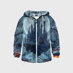 Ветровка с капюшоном детская Замок Дракулы и неоновые грибы - нейроарт фантазия, цвет: 3D-белый