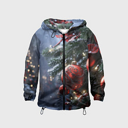 Ветровка с капюшоном детская Красные новогодние шары с узорами, цвет: 3D-черный