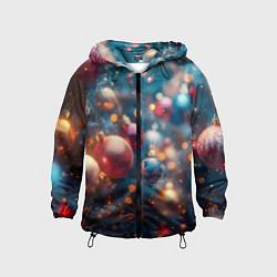 Ветровка с капюшоном детская Красные и синие шары на фоне елки, цвет: 3D-черный