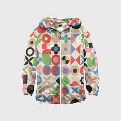 Ветровка с капюшоном детская Геометрический узор с цветочными элементами - ретр, цвет: 3D-белый