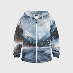 Ветровка с капюшоном детская Снежный горный пейзаж с елями и рекой, цвет: 3D-белый
