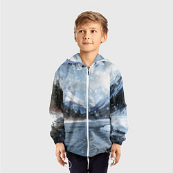 Ветровка с капюшоном детская Снежный горный пейзаж с елями и рекой, цвет: 3D-белый — фото 2