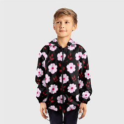 Ветровка с капюшоном детская Чёрный в светлый розовый цветочек паттерн, цвет: 3D-черный — фото 2