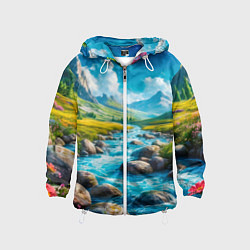 Ветровка с капюшоном детская Пейзаж художественный горы речка камни, цвет: 3D-белый