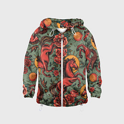 Ветровка с капюшоном детская Красный конь и розы, цвет: 3D-белый