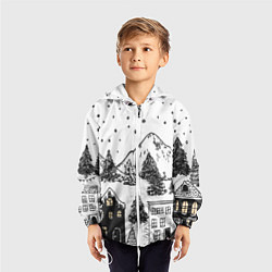 Ветровка с капюшоном детская Заснеженный черно-белый город, цвет: 3D-белый — фото 2