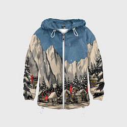 Ветровка с капюшоном детская Небольшой новогодний город в горах, цвет: 3D-белый