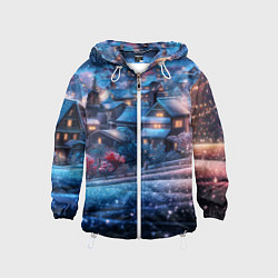 Ветровка с капюшоном детская Новогодний двор в блестках, цвет: 3D-белый