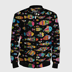 Бомбер мужской Разноцветные рыбы - черный фон, цвет: 3D-черный